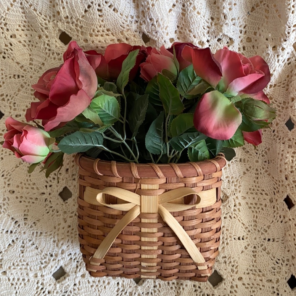 Hanging reed bow basket faux floral pink Rose bouquet wall decor cottagecore